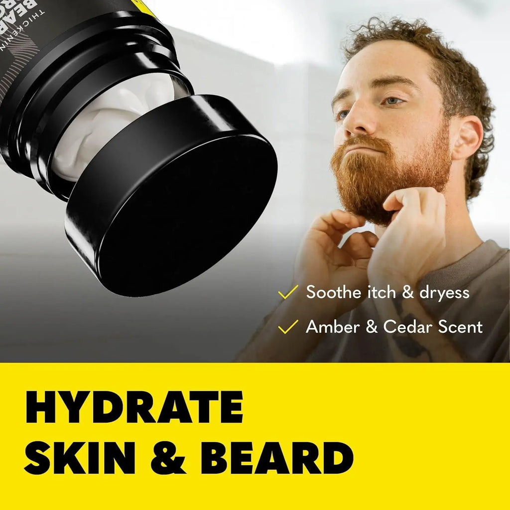Biotin Beard Balm for Men - Beard Growth Shea Butter with Castor & Coconut Oil - Moisturizing, Hydrating and Softening Cream - Amber Cedar Scent - 4 Oz
